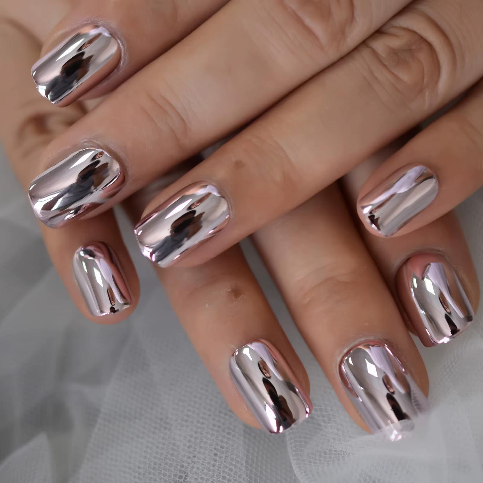 Faux ongles miroir bleu N64.Oval, magnifique, métallique, qualité glamour, nail art, avec colle auto