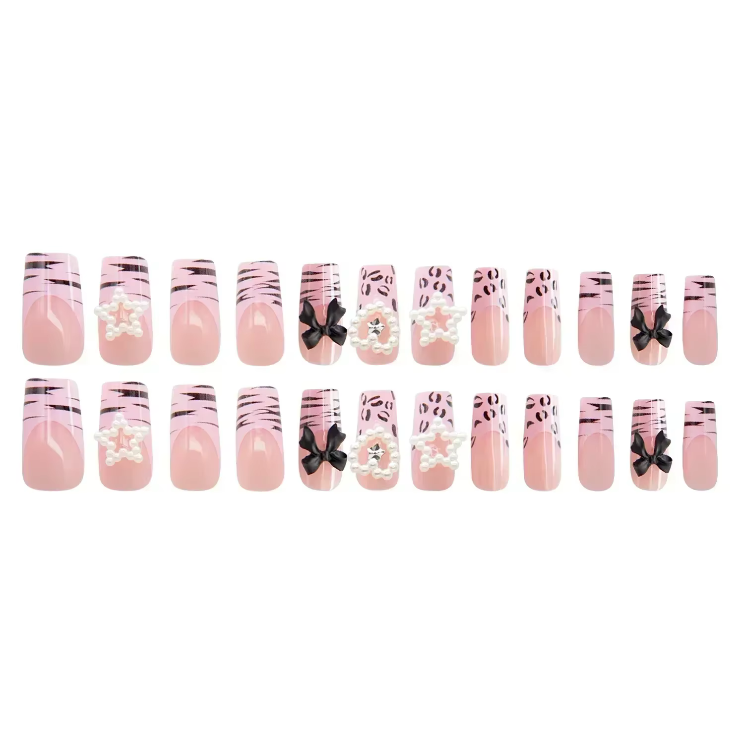 Faux ongles français à motif zèbre rose, à pression, en forme de cercueil, carrés moyens, Y2k, couve