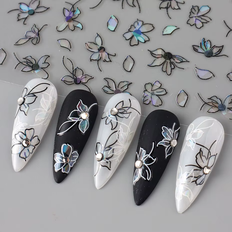 2 pièces 3D Laser noir blanc fleur décalcomanies abstraite rayure fleur pétales conception autocolla