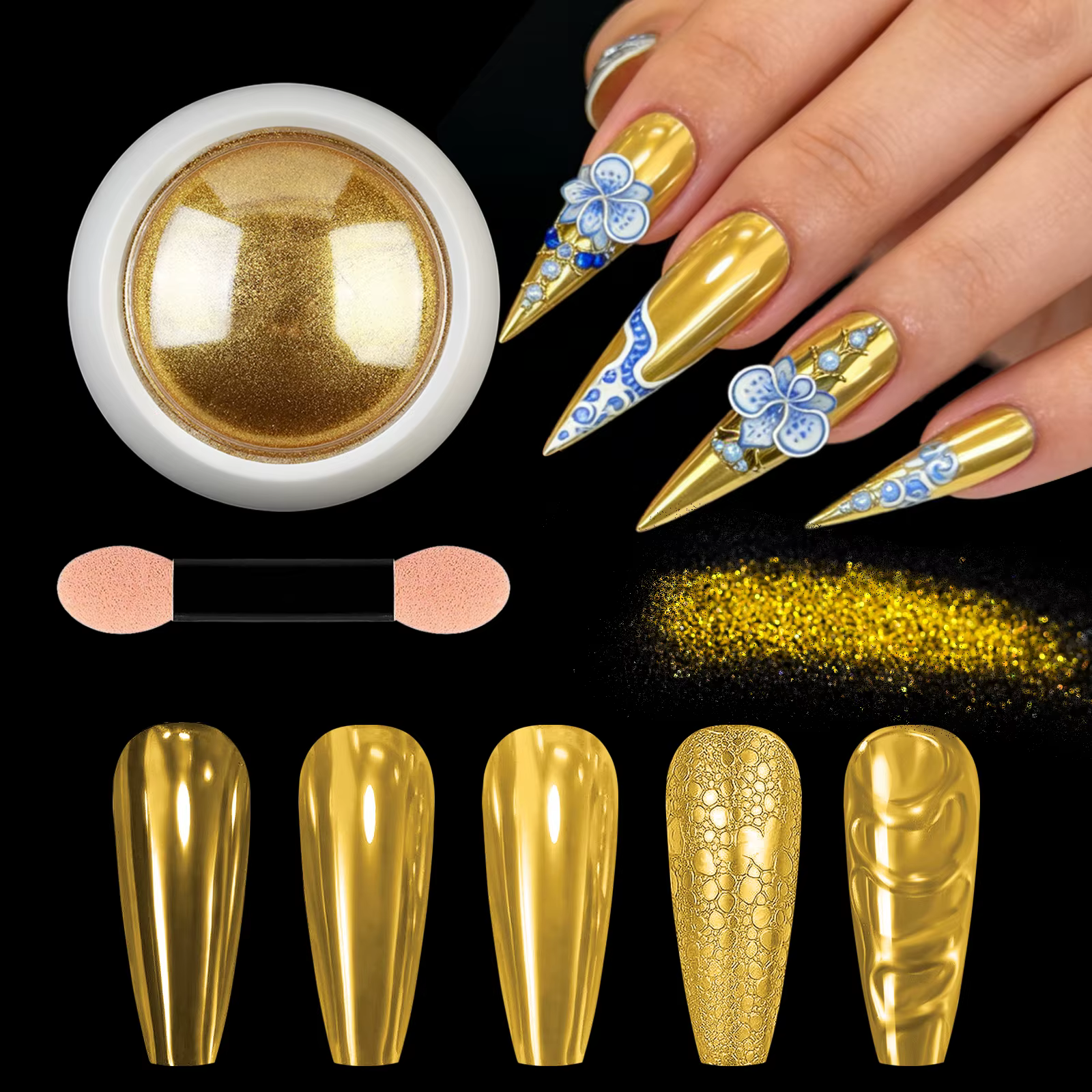 Kit de poudre à ongles effet miroir chromé, 2 couleurs, pigment pailleté métallique doré et argenté 