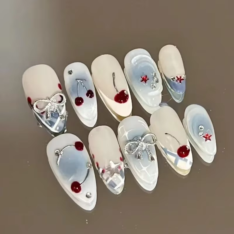 10 pièces presse à la main sur les ongles français amande couverture complète cerises et nœud concep