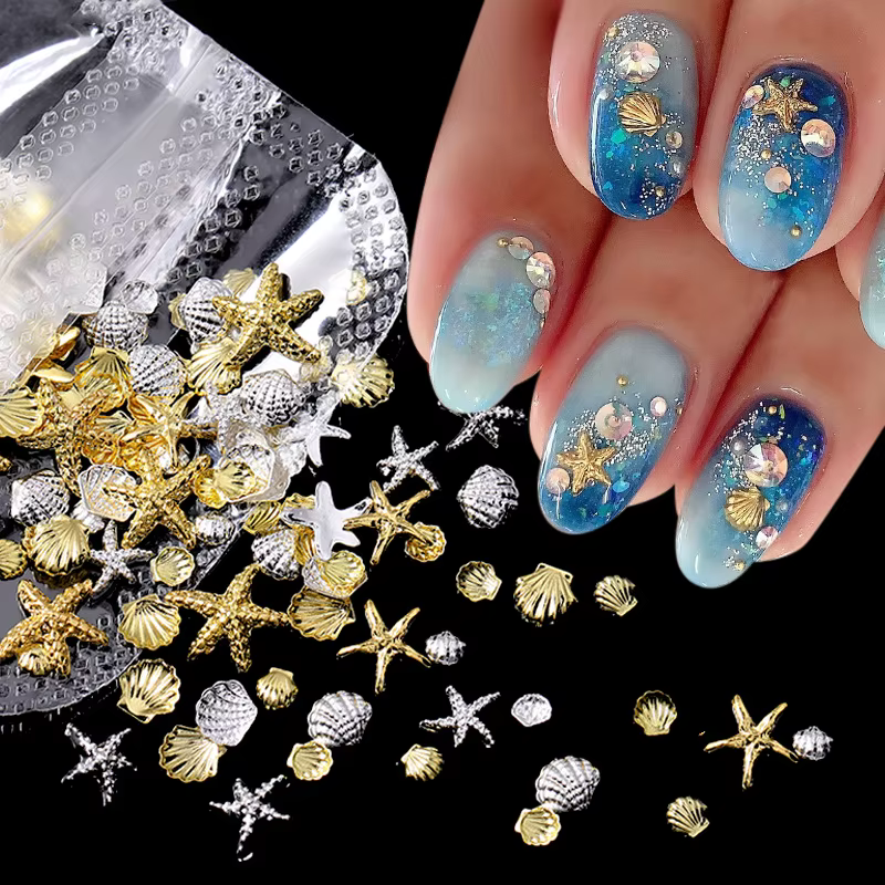 Breloques pour ongles en forme d'étoile de mer, coquille d'océan, métal doré et argenté, décoration 