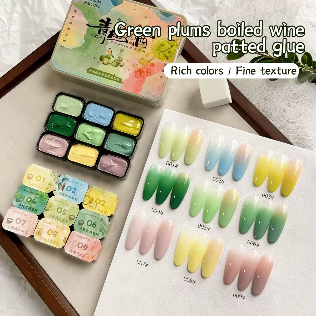 Gel semi-solide pour ongles 9 couleurs, motif prune verte et vin bouilli, effet estompé, haute satur