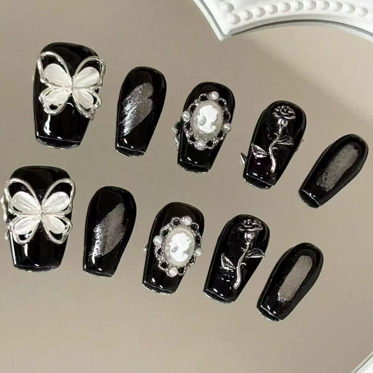 Ensemble de 10 faux ongles trapézoïdaux faits à la main, style Dark Lolita, idéal pour le Gothic Lol