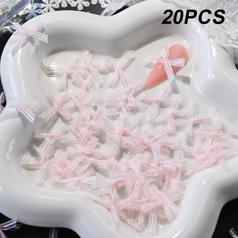 20 pièces 3D blanc/rose Organza ruban ongles nœud papillon 14X20 cm mat Organza nœud papillon bricol