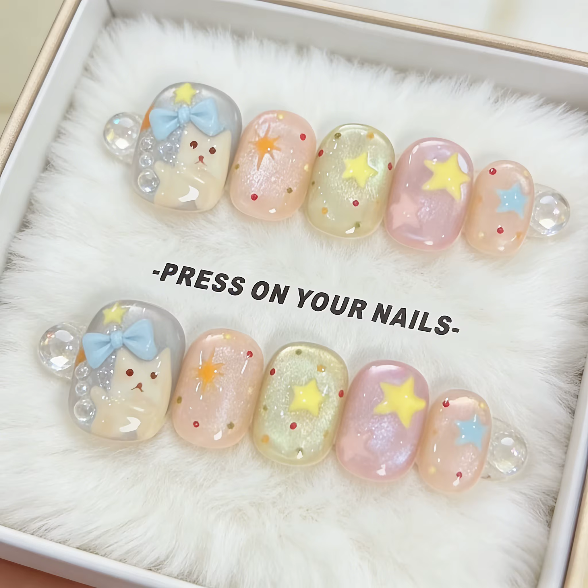 10 faux ongles courts carrés à presser, motif chat étoilé et yeux de chat Dopamine, faits main, pour