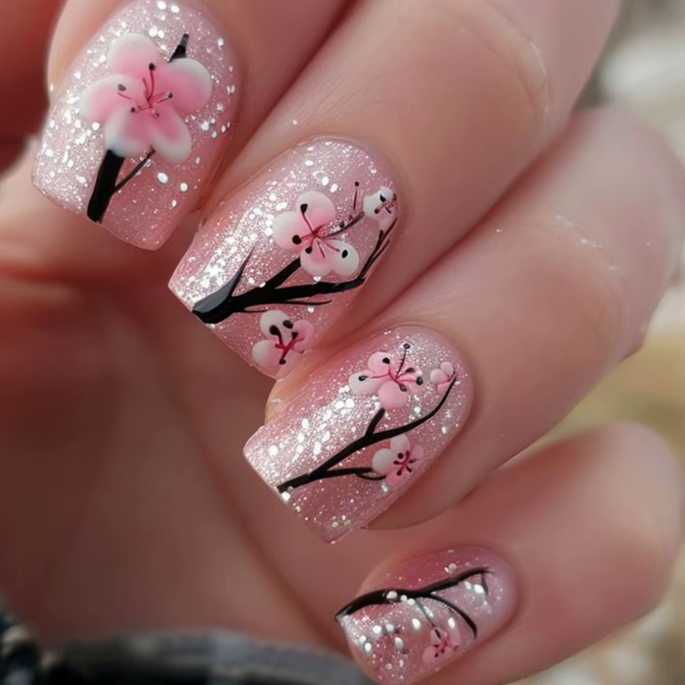 24 faux ongles courts carrés à presser avec motif floral simple pour femme, réutilisables, couvertur