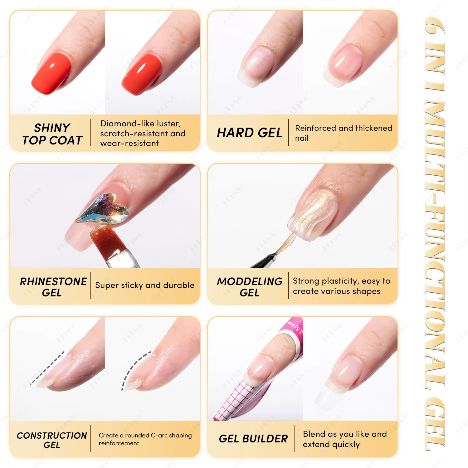 JTING 1/3/5/10 pièces 15ml Gel Multifonction 6-en-1 Brillant, Couche de Finition Dure, Gel de Constr