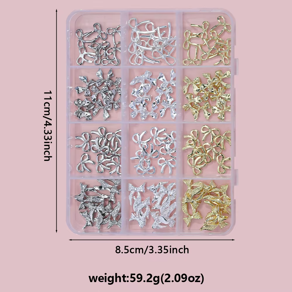 96/50 pièces 3D nœud papillon/ruban métal Nail Art breloques argent/or alliage arcs ongles strass dé