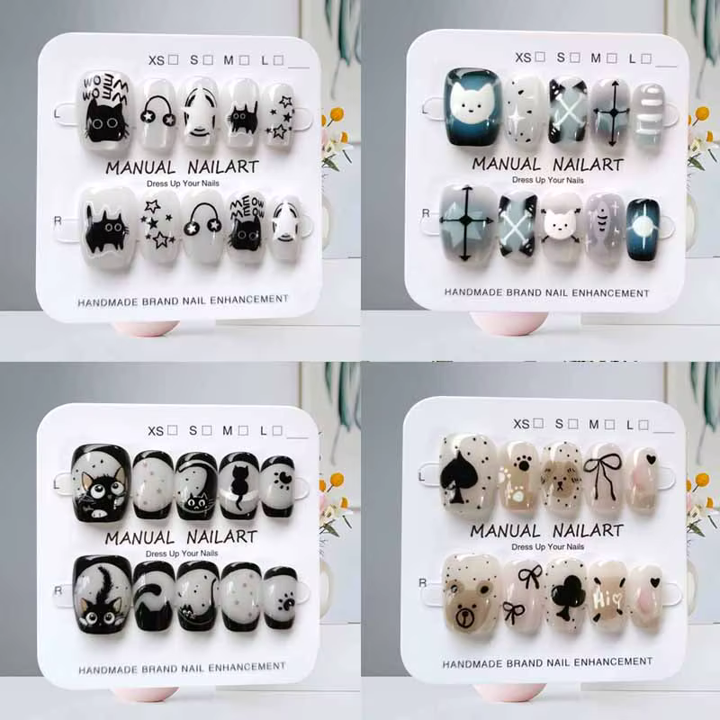 10 pièces dessin animé mignon chat noir bleu gris géométrie à la main presse sur les ongles tête car