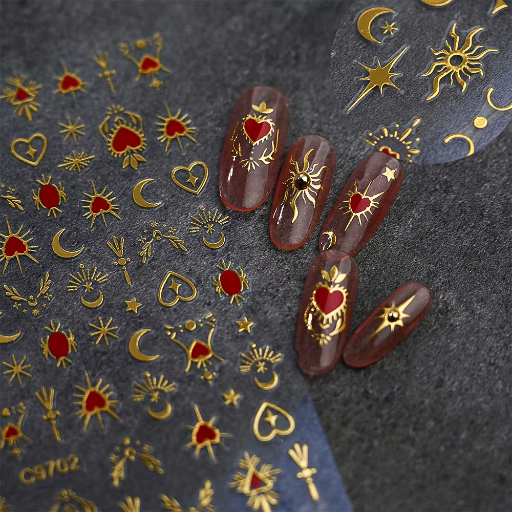 1 pièce Autocollants 3D pour ongles, Cœur d'amour doré bronzant, Y2K, Étoiles holographiques, Soleil