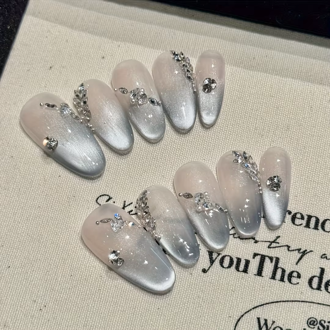 10 pièces haut de gamme lumière luxe argent oeil de chat diamants français faux ongles faits à la ma