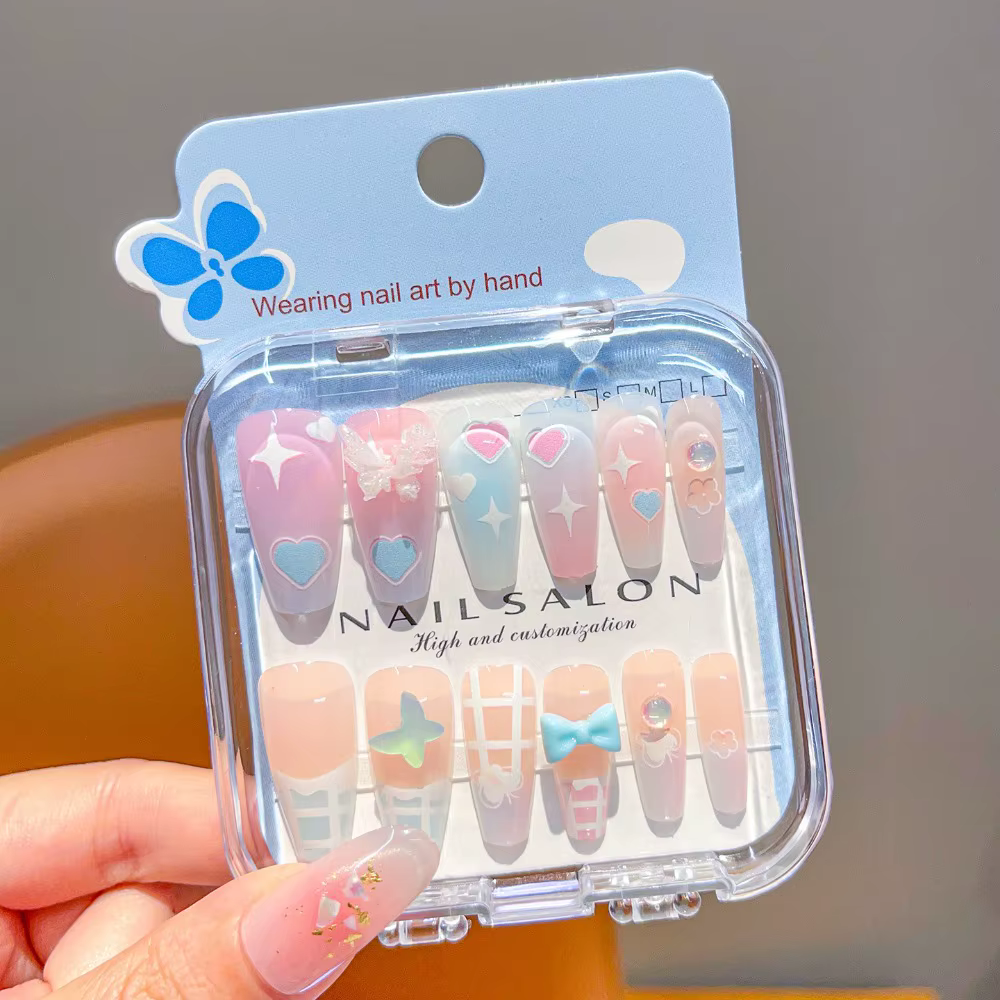 Faux ongles autocollants détachables pour enfants, motif dessin animé, cerises et cœurs, 18 styles m