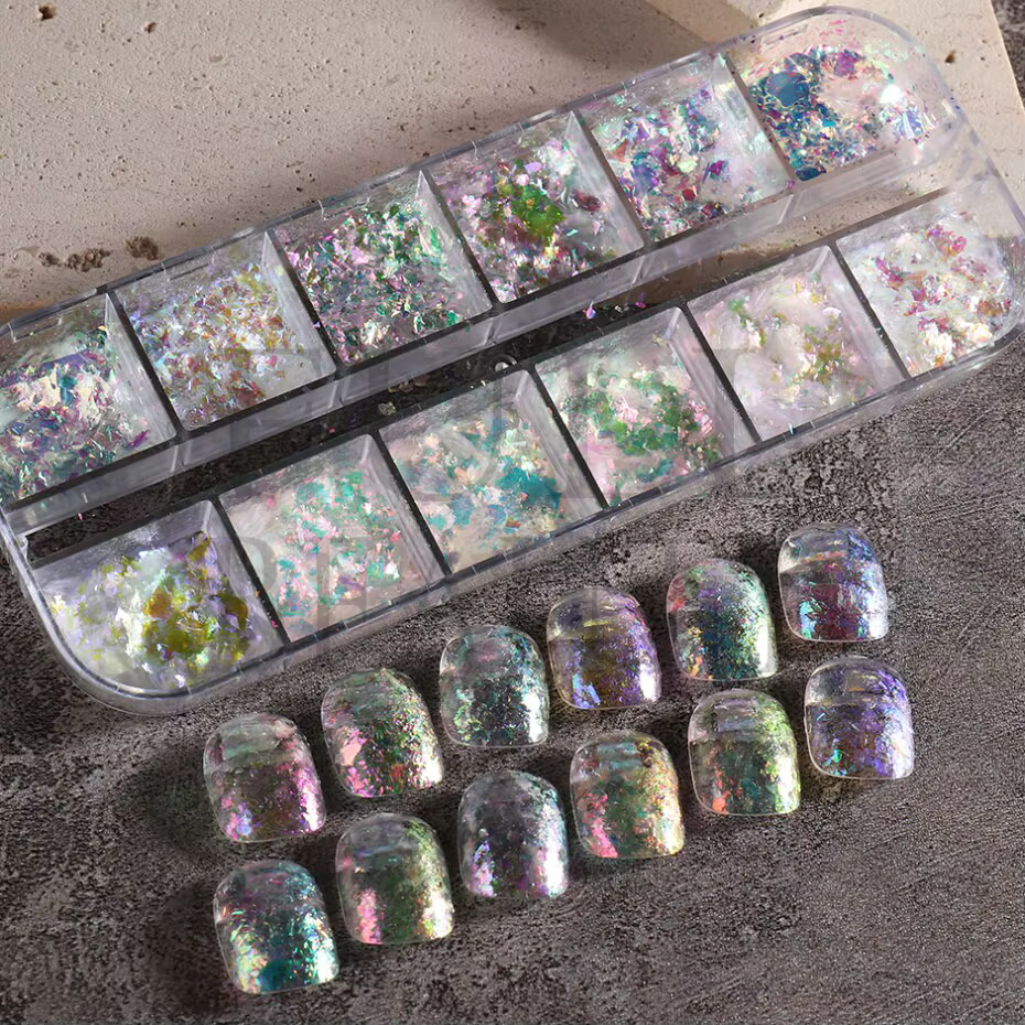 12 grilles irisées pour ongles, aurore, paillettes de cristal, flocons de feu, holographiques scinti