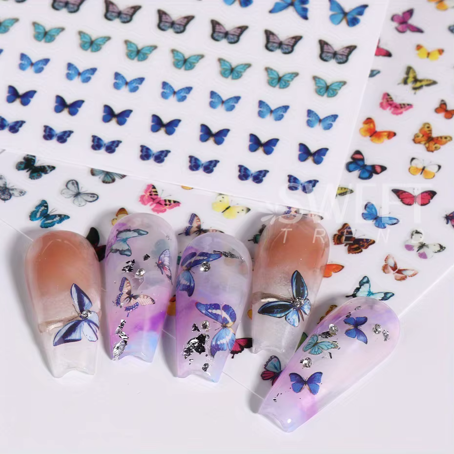 Autocollants pour ongles papillon lumineux, 3 pièces, série papillon bleu coloré, Design qui brille