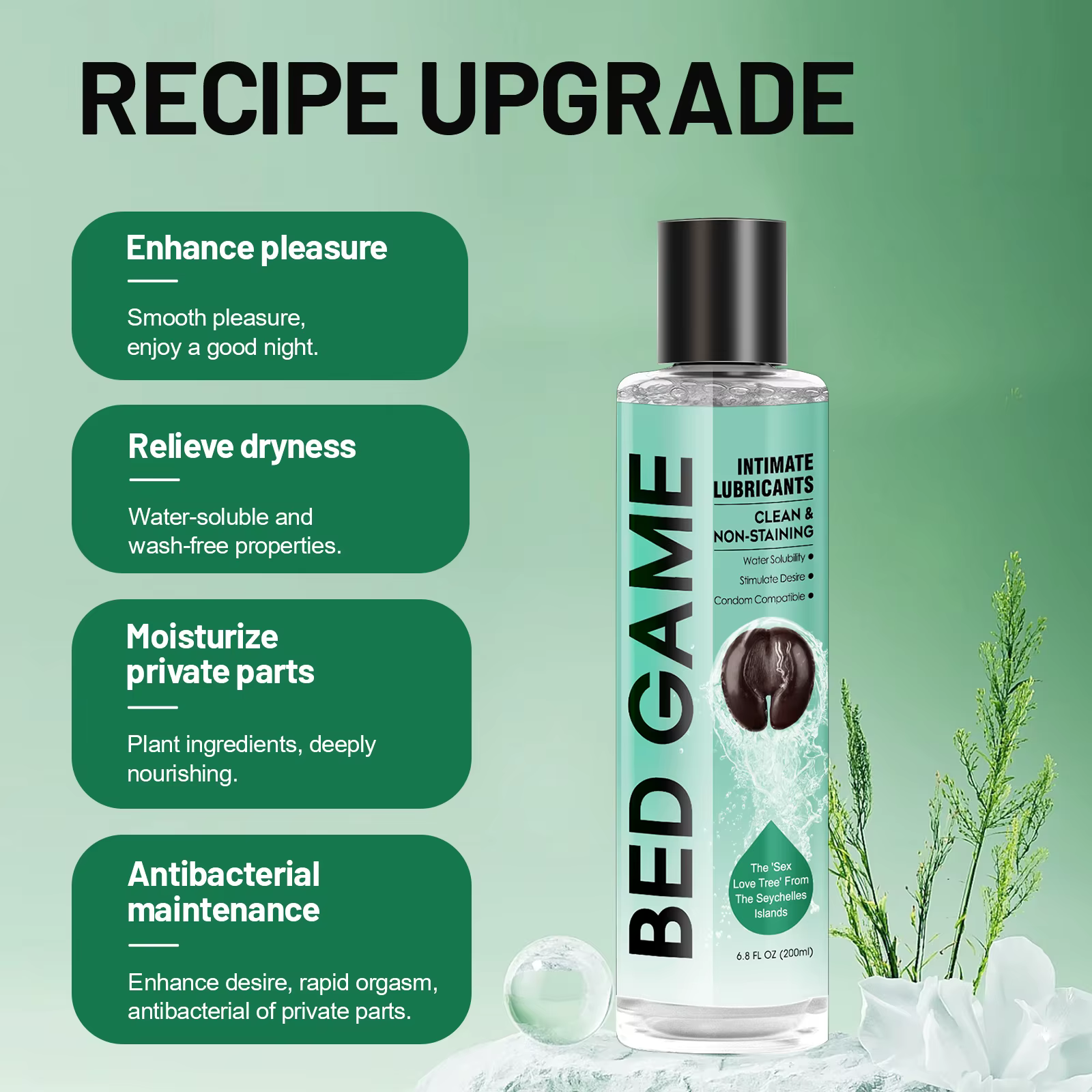 BED GAME Gel Lubrifiant Intime à Base d'Eau 200ml, Lubrifiant Hydratant Longue Durée, Ne Tache Pas, Compatible avec les Préservatifs