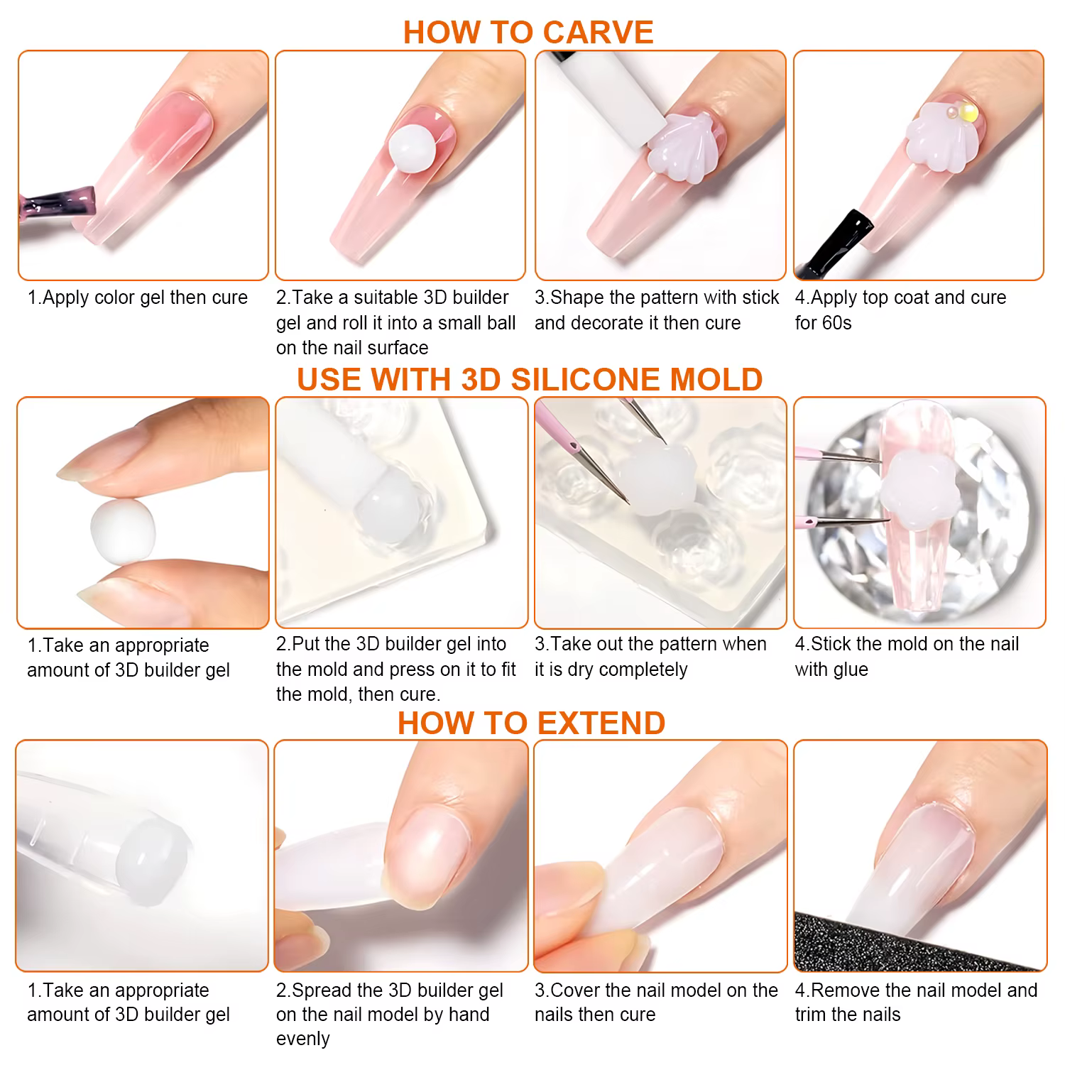 TWOING 15g Gel d'extension de main antiadhésif clair et blanc 3D façonnage sculpture Nail Art Gel dur solide pour faux ongles