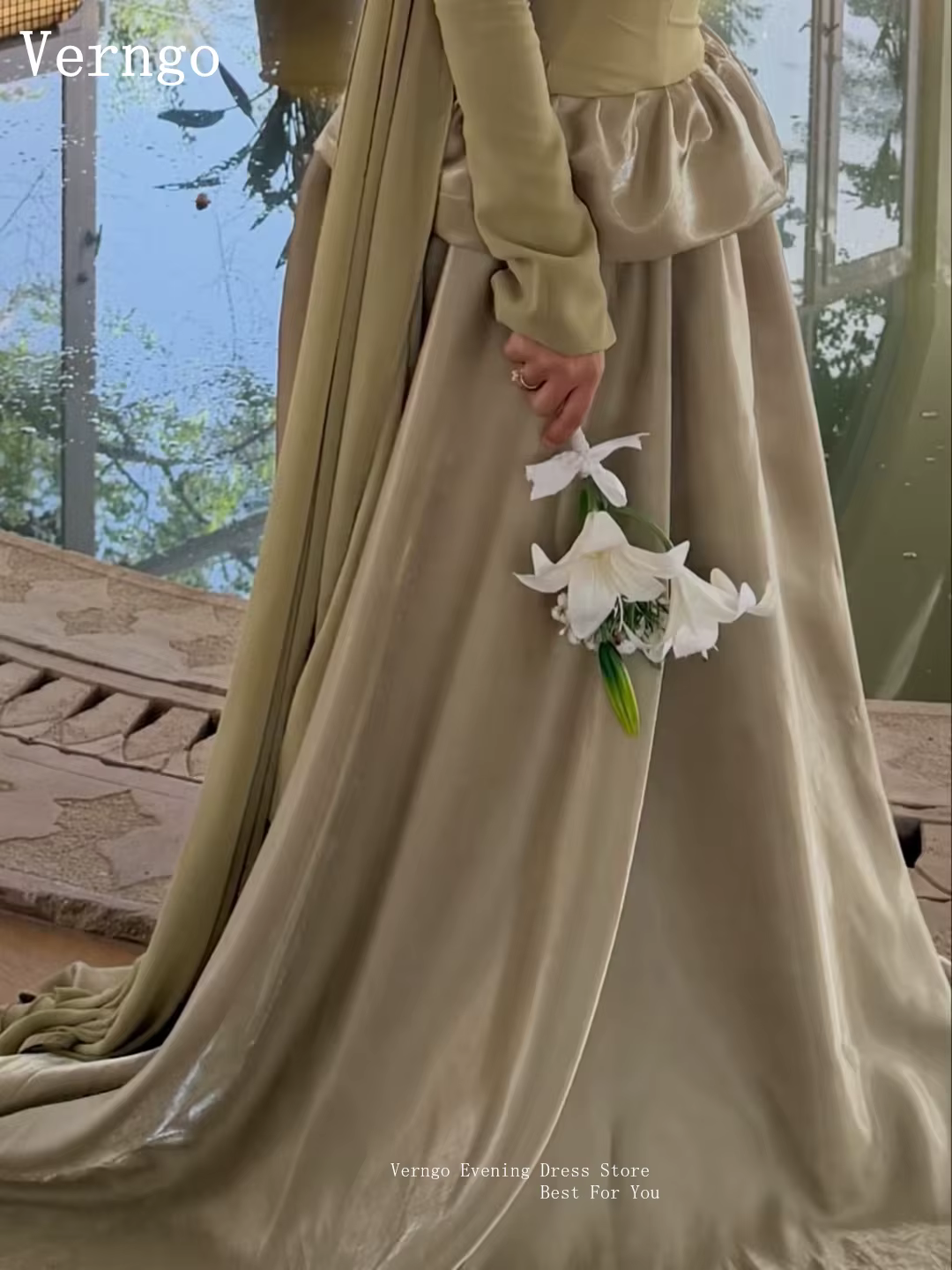 Robe de soirée musulmane en satin vert sauge Verngo, col haut, manches longues, coupe trapèze, pour bal de promo, style modeste, Dubaï P