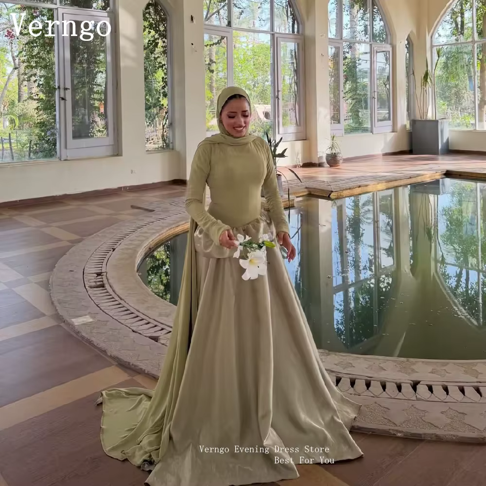 Robe de soirée musulmane en satin vert sauge Verngo, col haut, manches longues, coupe trapèze, pour bal de promo, style modeste, Dubaï P