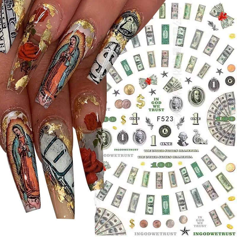 Autocollants 3D en forme de Dollar d'argent pour Nail Art