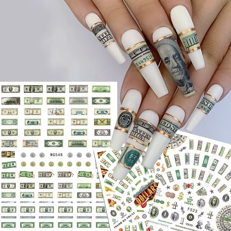 Autocollants 3D en forme de Dollar d'argent pour Nail Art