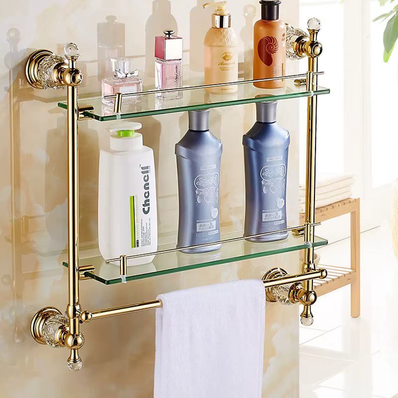 Ensemble d'accessoires de salle de bains en cristal et argent de luxe, ensemble de matériel de bain en laiton poli doré, panier de produits de salle de bains mural 3
