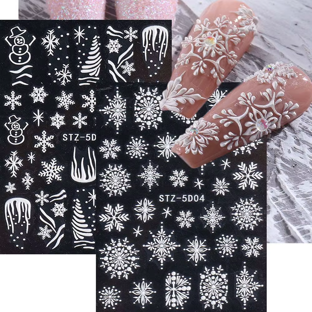 Autocollants 5D en relief flocons de neige de Noël pour ongles