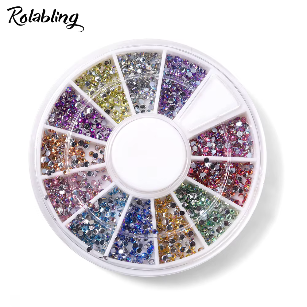 600 pièces/boîte 1.5mm forme ronde Nail Art strass 12 couleurs AB arc-en-ciel couleur paillettes cristal 3D