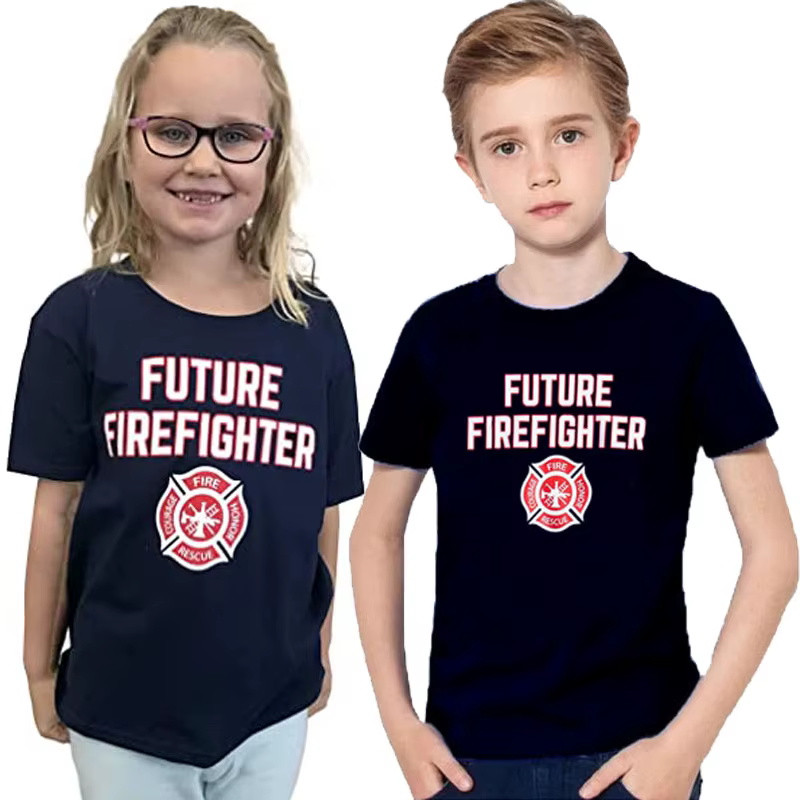 Badge de pompier pour enfant, mignon, garçon et fille, T-Shirt pour jeune, vêtements pour enfants