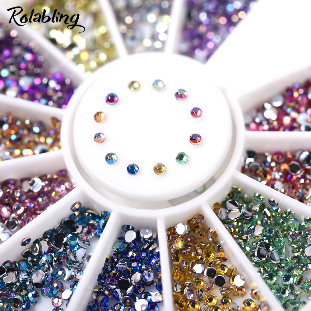 600 pièces/boîte 1.5mm forme ronde Nail Art strass 12 couleurs AB arc-en-ciel couleur paillettes cristal 3D