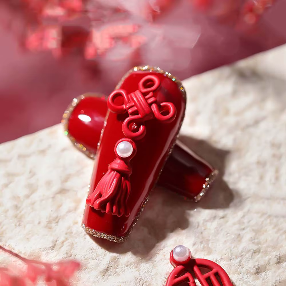 Outil de manucure rouge, nœud chinois, Fortune de bon augure, bijoux en alliage pour Nail Art, décoration d'ongles à faire soi-même, nouvel an, ornements de perles