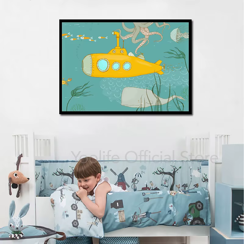 Affiche de dessin animé sous-marin jaune pour chambre d'enfant, peinture sur toile, illustration, impressions d'art, baleine, pieuvre, décoration murale