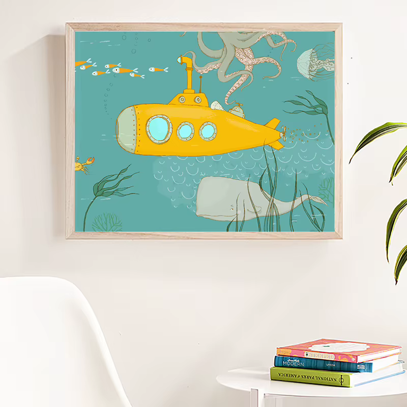 Affiche de dessin animé sous-marin jaune pour chambre d'enfant, peinture sur toile, illustration, impressions d'art, baleine, pieuvre, décoration murale