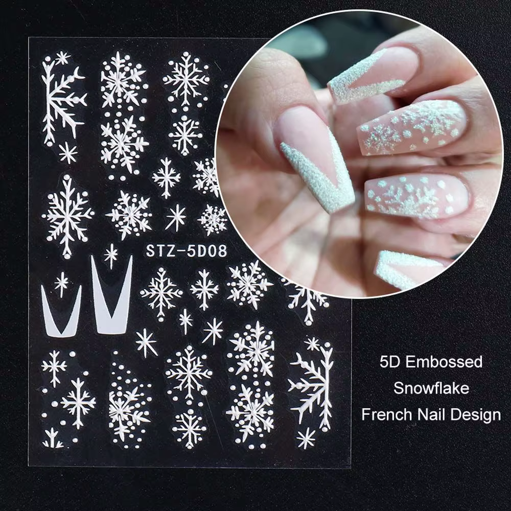 Autocollants 5D en relief flocons de neige de Noël pour ongles