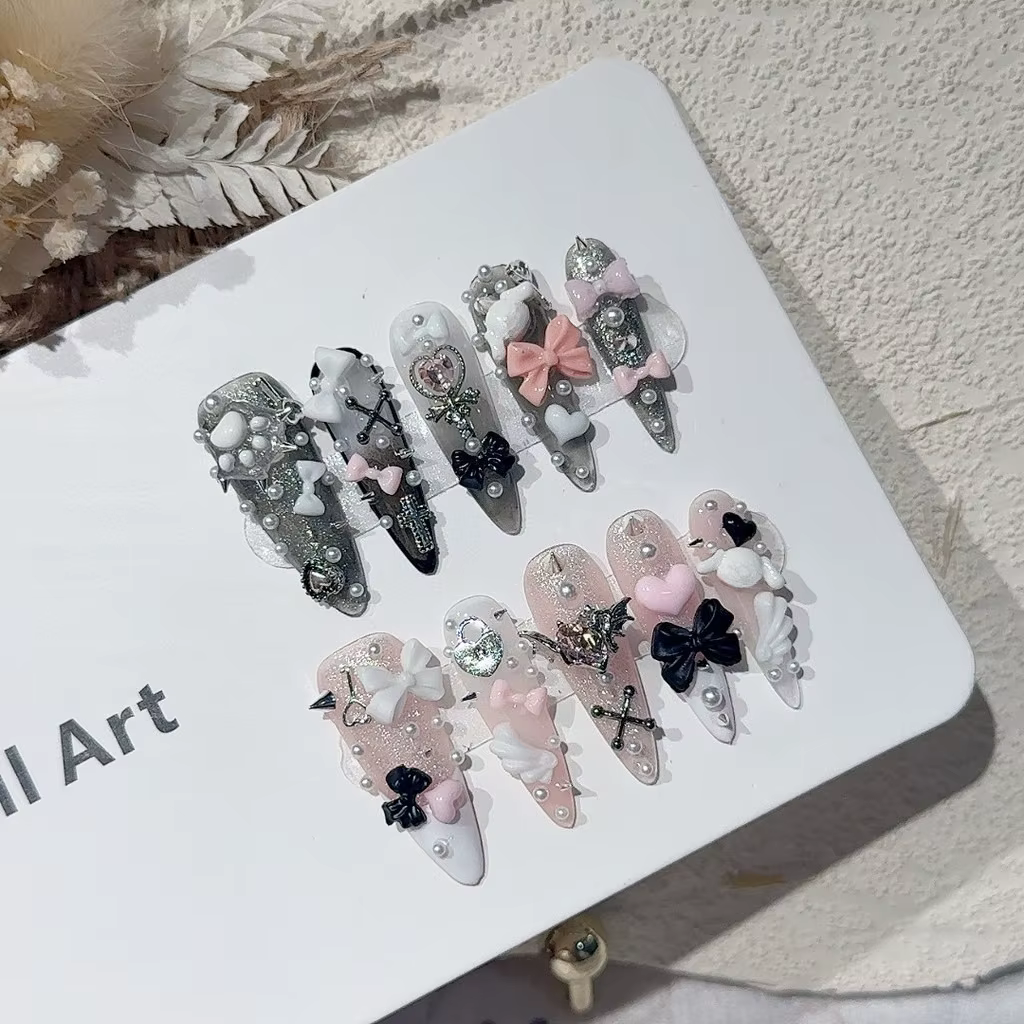 Jirai Y2K Spice Girl Black Pink Long Tip French Press On Nails Sweet Cool Menhera Nail Art 3D Bow Cross Kawaii Cute Fake