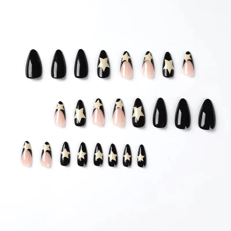 24 pièces de longs ongles français Black Edge Star avec 1 gel de gelée et 1 lime