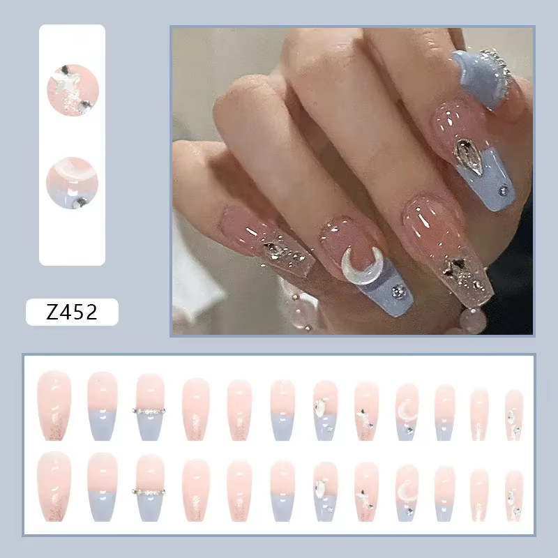 Sel de mer bleu clair 24 pièces presse sur ongles rose dégradé faux