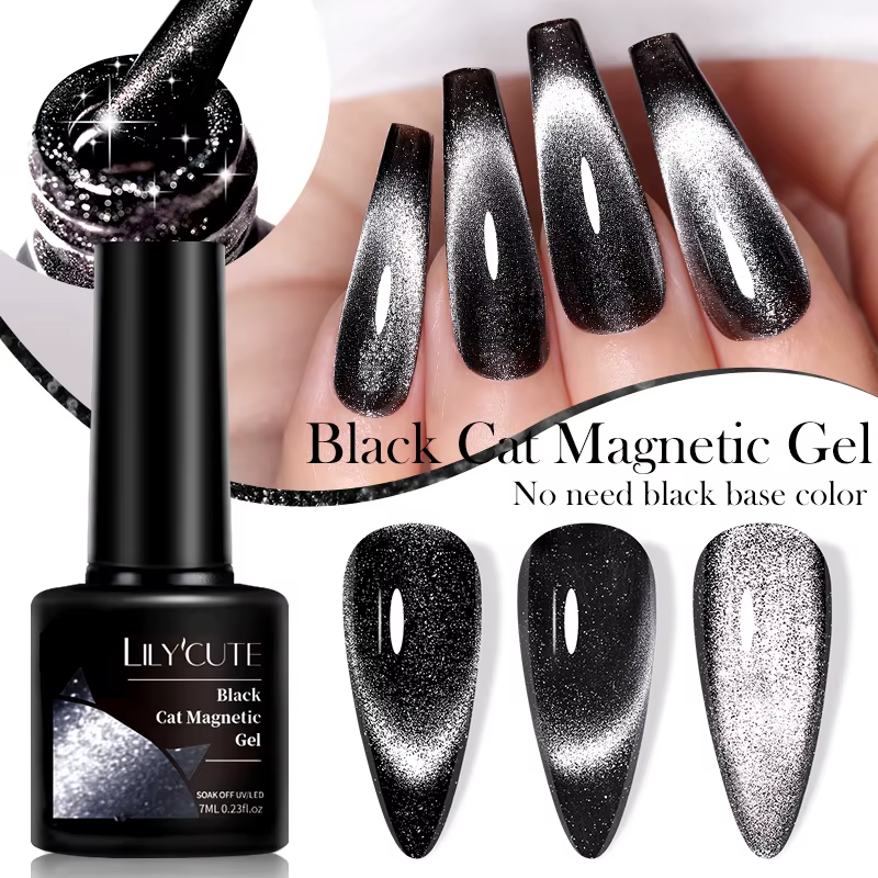 LILYCUTE 7ML noir cristal chat Gel magnétique scintillant paillettes Gel vernis à ongles Semi Permanent UV Gel Nail Art pas besoin de couleur de Base