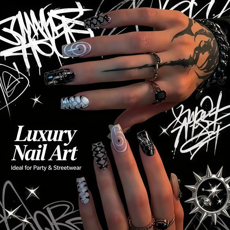 Nouveauté 2026 – 24 faux ongles noirs et blancs style punk gothique