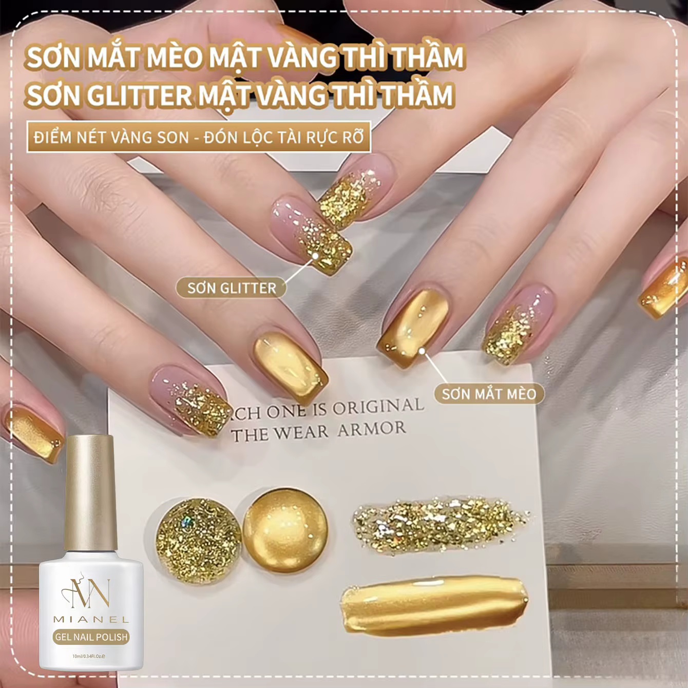 MIANEL 2026 Nouveau Vernis à Ongles Gel Effet Œil de Chat Doré Osmanthus Miel avec Perles de Verre