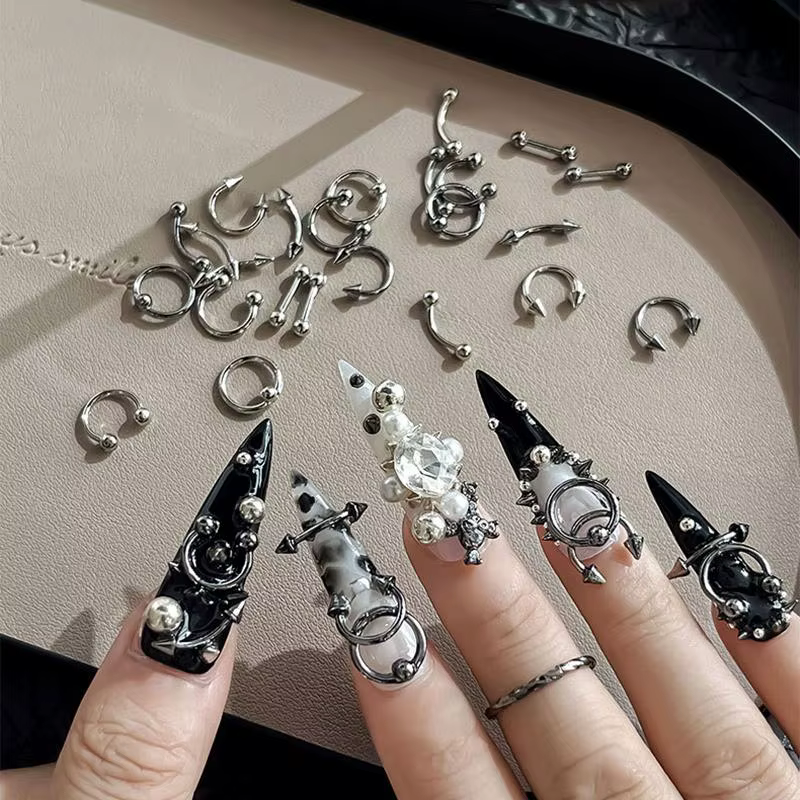 [GLOW] alliage mixte rétro cercle ongles Art breloques 3D Style Punk noir argent pièces d'ongle décoration