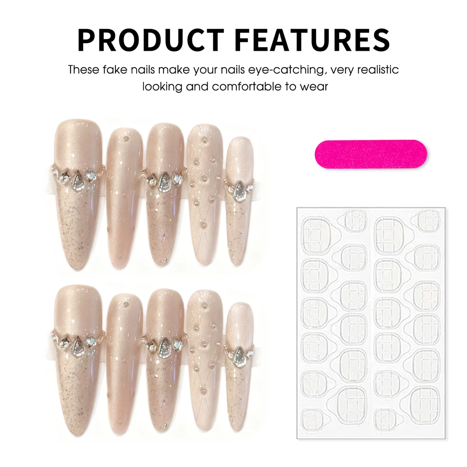 Faux ongles en cristal œil de chat pailletés 10 pièces faits à la main à presser avec strass