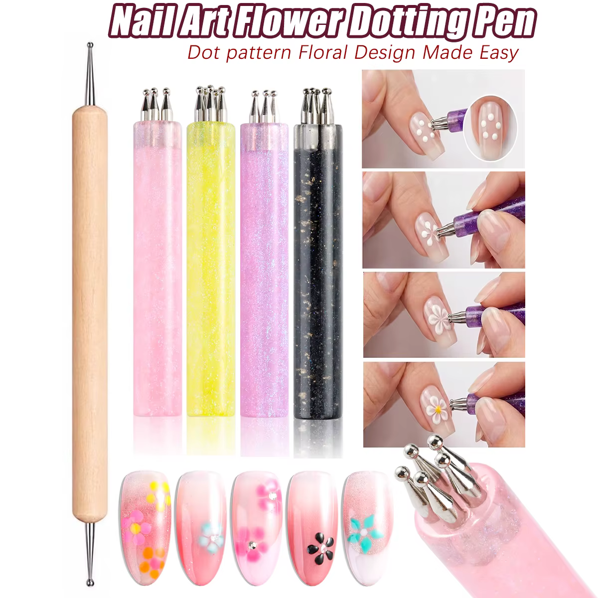 Stylo à points pour la décoration florale des ongles - Outil artistique à pointe sphérique en acier inoxydable pour la