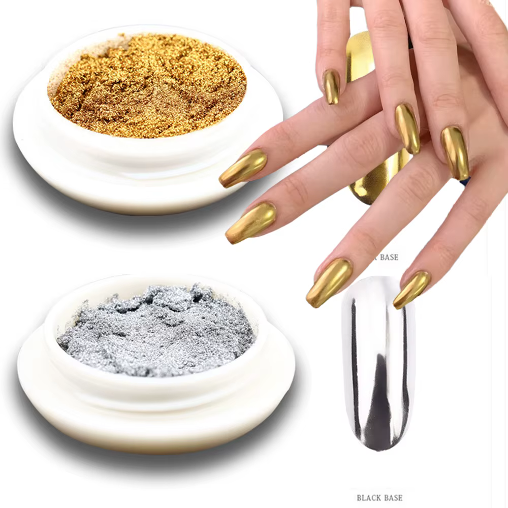 2 pièces miroir magique métallique or argent Chrome poudre à ongles