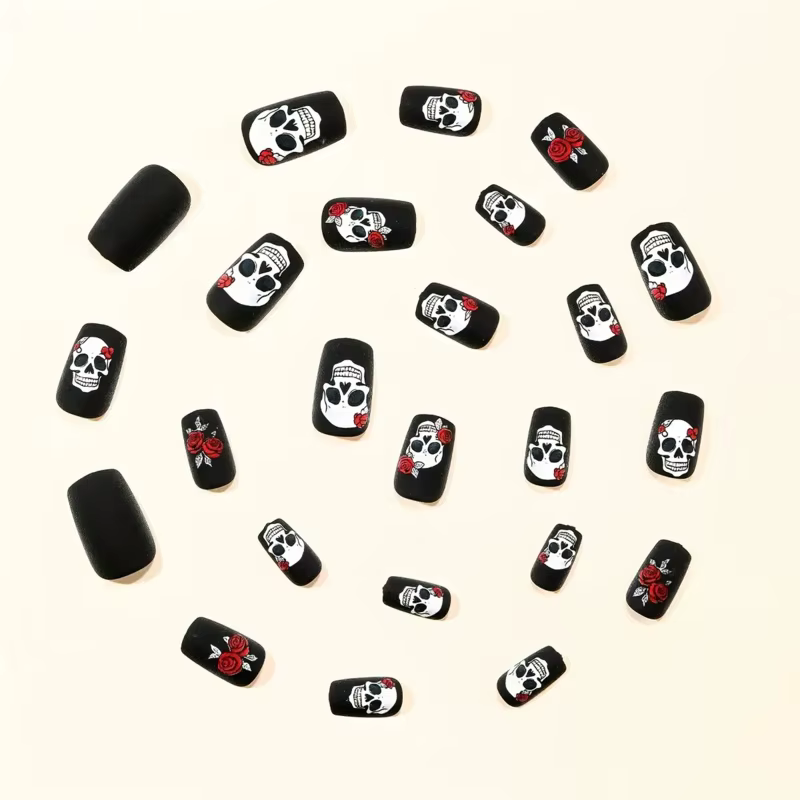 24 pièces ongles d'Halloween noir mat rose crâne imprimé conception couverture complète presse faux
