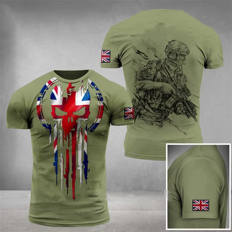 T-shirt graphique drapeau britannique été 2026 pour hommes, vêtements de sport, t-shirts imprimés 3D camouflage champêtre, hauts de qualité supérieure