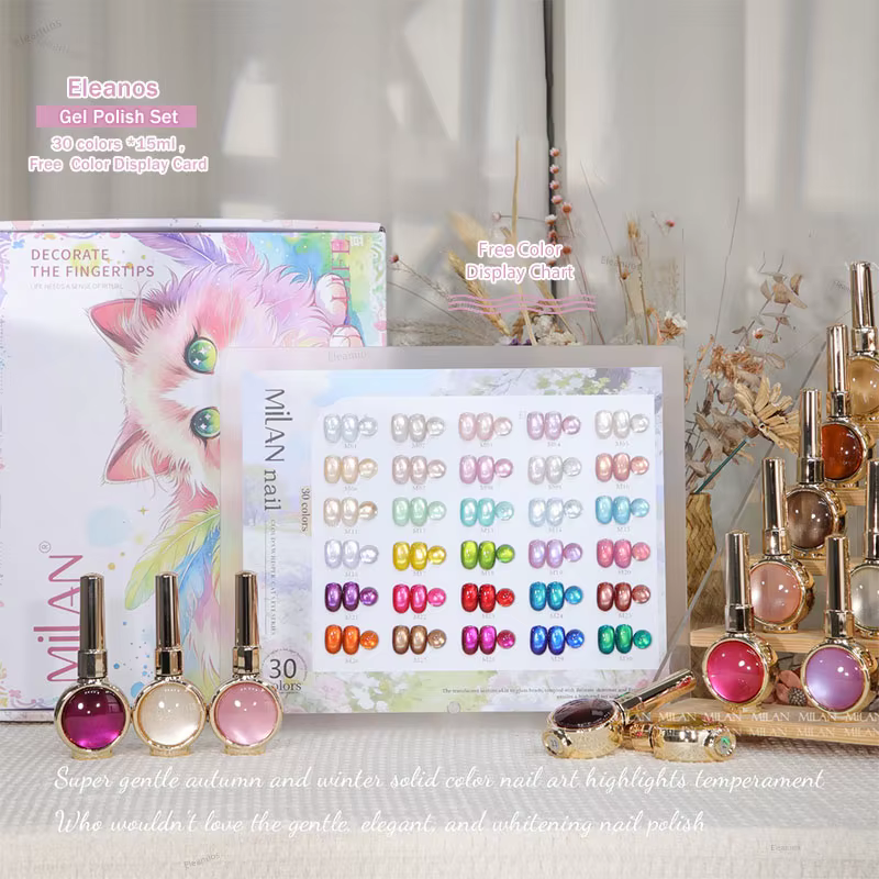 Eleanuos Nouveau Kit de Gels Ongles Effet Œil de Chat 30 Couleurs avec Nuancier