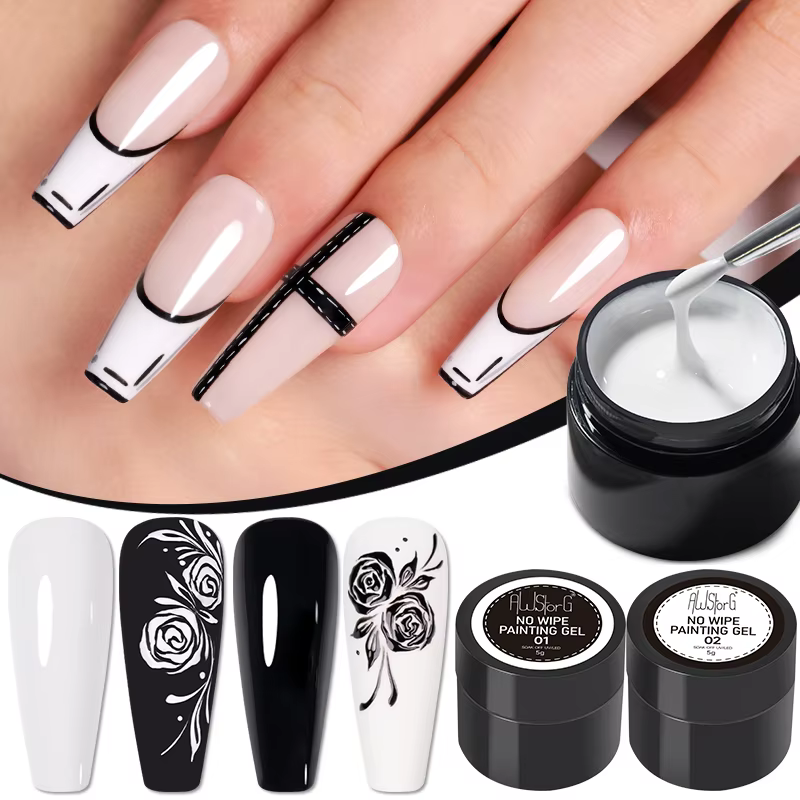 AWStorG 2 pièces sans lingette peinture Gel pour Nail Art tremper UV LED Gel blanc noir 5g longue durée Gel pour ongles