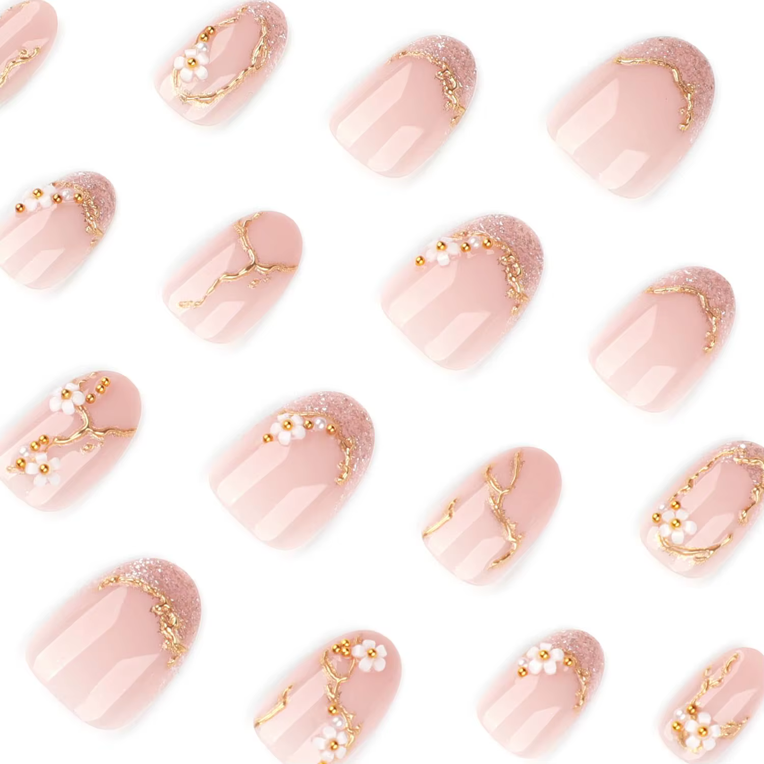 Faux ongles à presser courts en amande rose avec motifs floraux 3D