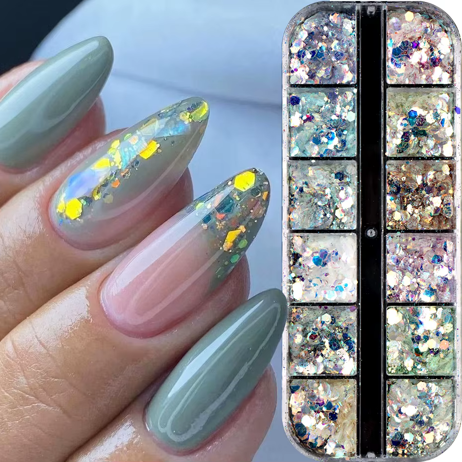 12 grilles scintillantes sirène hexagone Nail Art paillettes